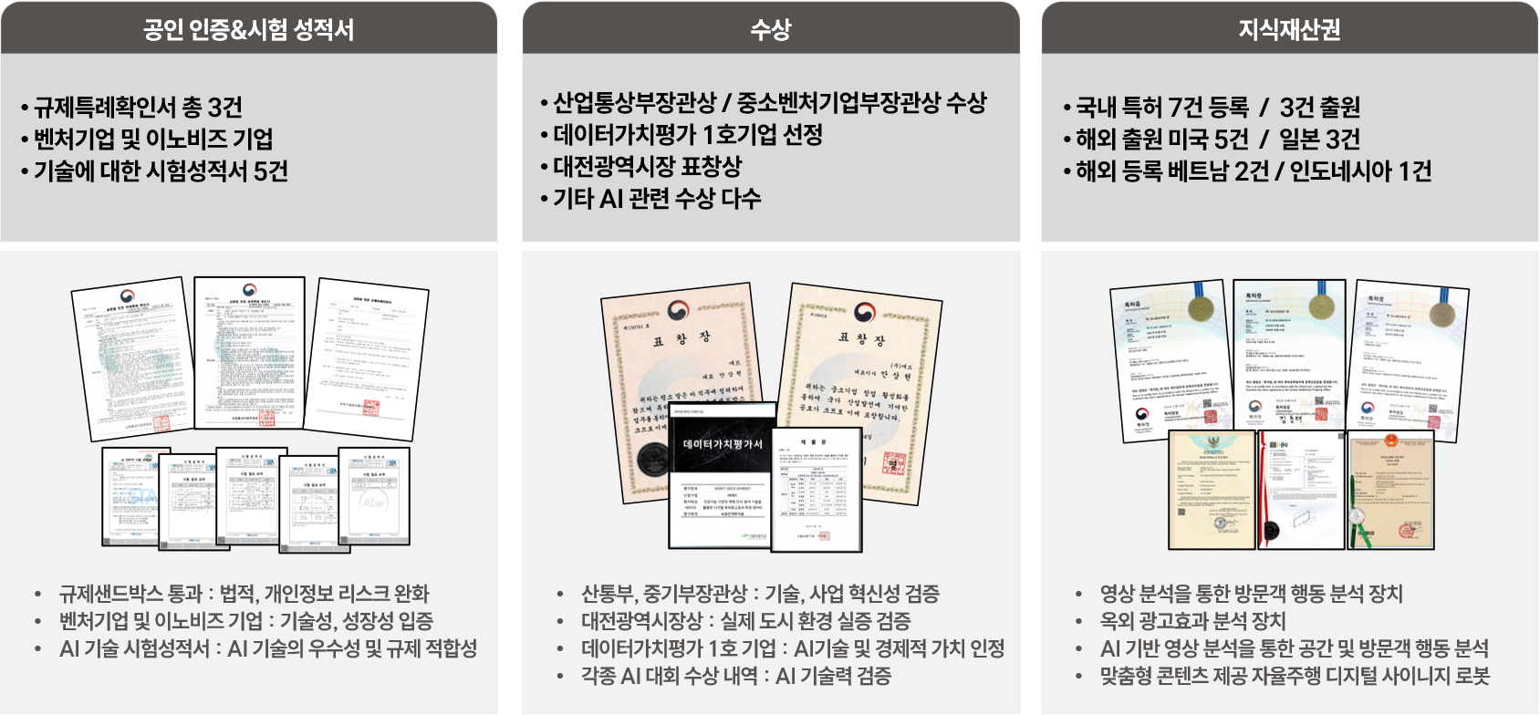 공인 인증과 시험 성적서, 수상 내역, 지식재산권 현황